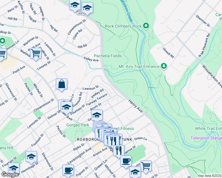 map of restaurants, bars, coffee shops, grocery stores, and more near 6438 Henry Avenue in Philadelphia