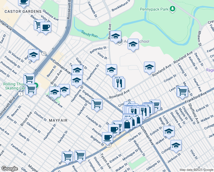 map of restaurants, bars, coffee shops, grocery stores, and more near 3218 Guilford Street in Philadelphia