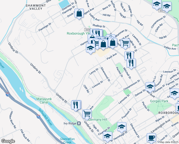 map of restaurants, bars, coffee shops, grocery stores, and more near 376 Leroy Street in Philadelphia