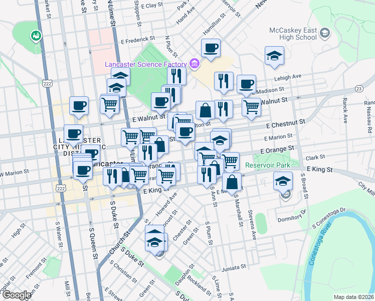 map of restaurants, bars, coffee shops, grocery stores, and more near 117 North Plum Street in Lancaster
