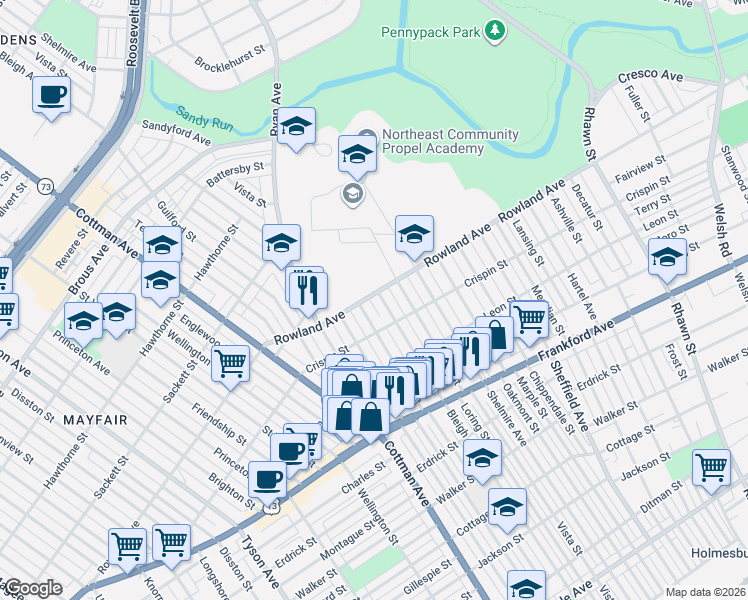 map of restaurants, bars, coffee shops, grocery stores, and more near 3314 Bleigh Avenue in Philadelphia