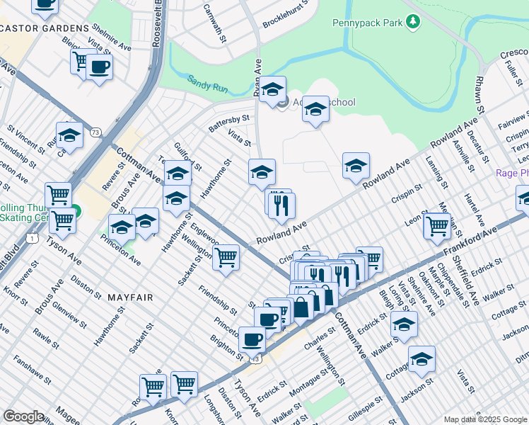 map of restaurants, bars, coffee shops, grocery stores, and more near 3235 Guilford Street in Philadelphia