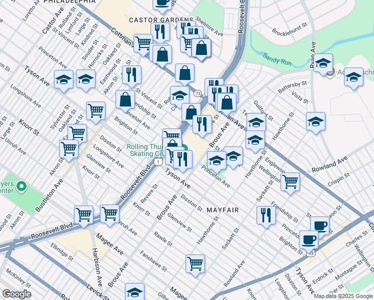 map of restaurants, bars, coffee shops, grocery stores, and more near 2842 Saint Vincent Street in Philadelphia