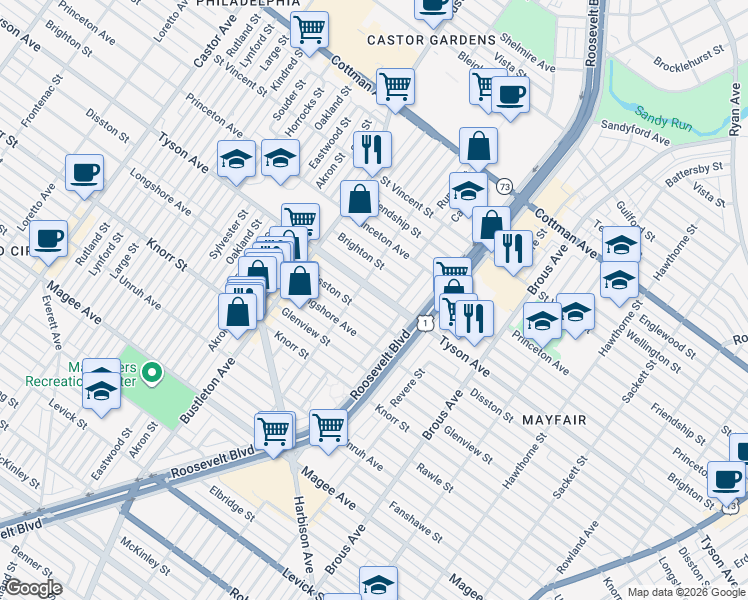 map of restaurants, bars, coffee shops, grocery stores, and more near 2244 Tyson Avenue in Philadelphia