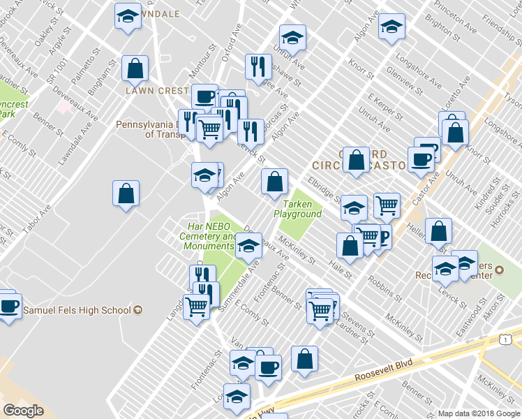 map of restaurants, bars, coffee shops, grocery stores, and more near 6221 Langdon Street in Philadelphia