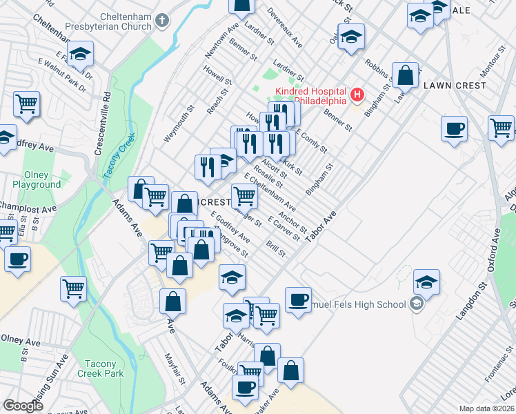 map of restaurants, bars, coffee shops, grocery stores, and more near 536 East Carver Street in Philadelphia