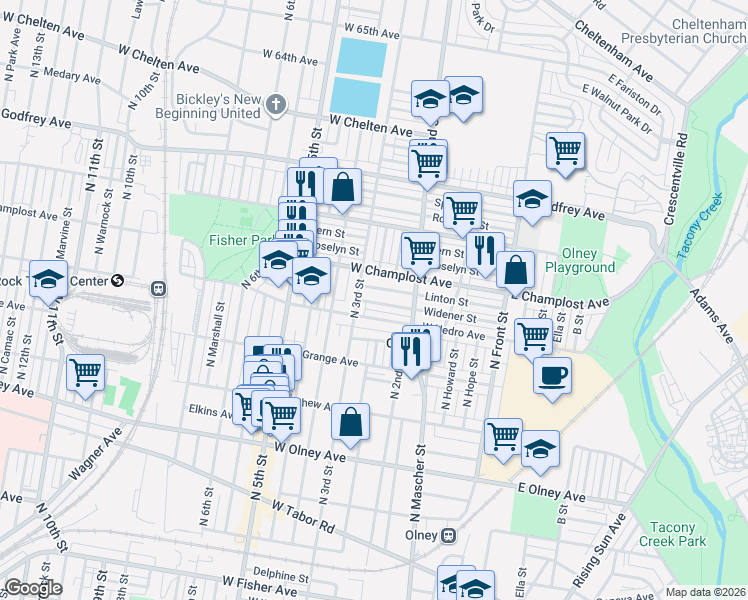map of restaurants, bars, coffee shops, grocery stores, and more near 264 Widener Street in Philadelphia