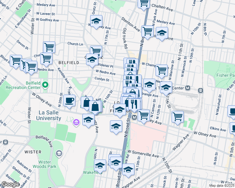map of restaurants, bars, coffee shops, grocery stores, and more near 1523 Clearview Street in Philadelphia