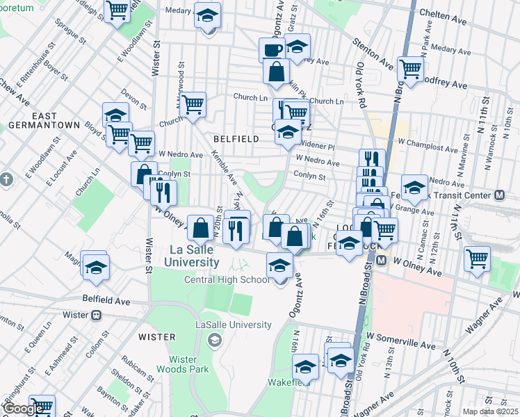 map of restaurants, bars, coffee shops, grocery stores, and more near 5701 Kemble Avenue in Philadelphia