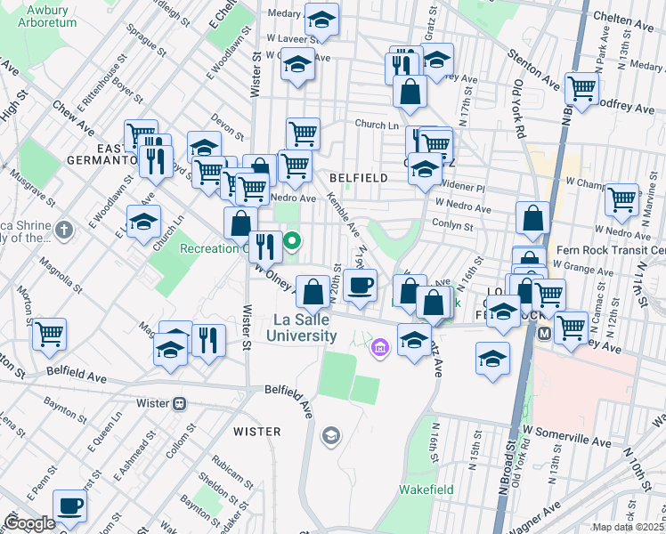 map of restaurants, bars, coffee shops, grocery stores, and more near West Chew Avenue in Philadelphia