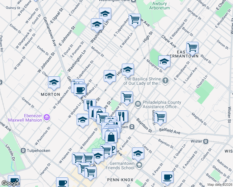 map of restaurants, bars, coffee shops, grocery stores, and more near 208 East Haines Street in Philadelphia
