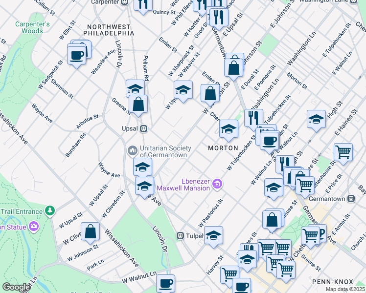 map of restaurants, bars, coffee shops, grocery stores, and more near 263 West Duval Street in Philadelphia