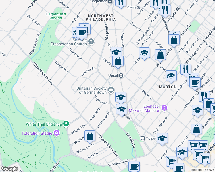 map of restaurants, bars, coffee shops, grocery stores, and more near 6512 Lincoln Drive in Philadelphia