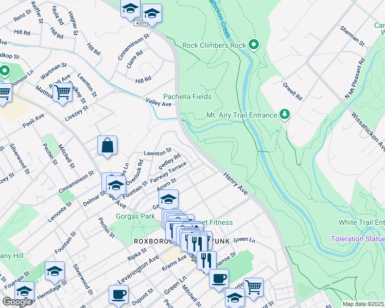 map of restaurants, bars, coffee shops, grocery stores, and more near 6438 Henry Avenue in Philadelphia
