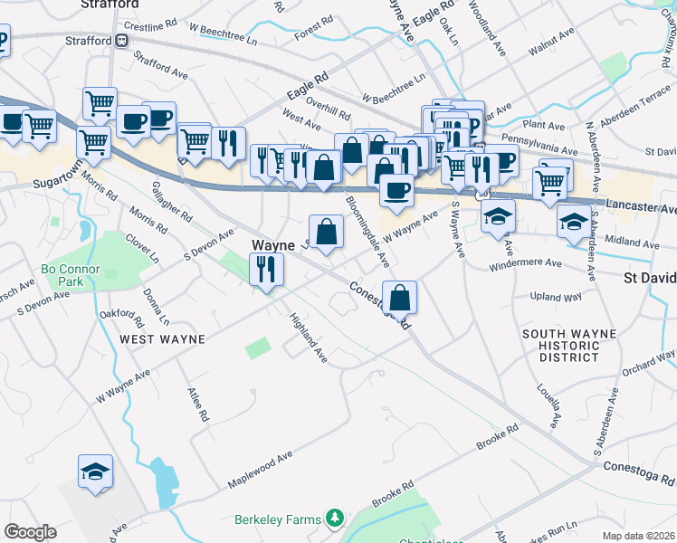 map of restaurants, bars, coffee shops, grocery stores, and more near 1 Wicklow Court in Wayne