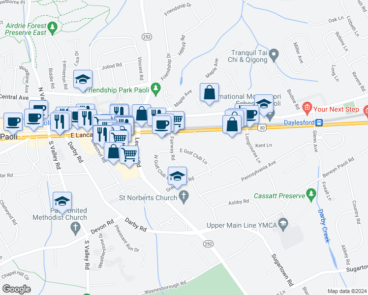 map of restaurants, bars, coffee shops, grocery stores, and more near 5 East Golf Club Lane in Paoli