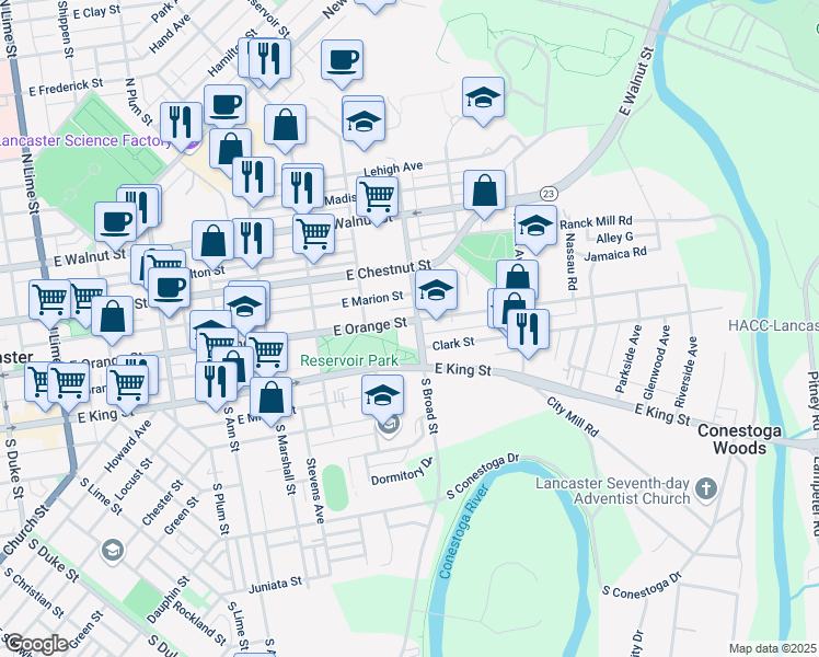 map of restaurants, bars, coffee shops, grocery stores, and more near 834 East Orange Street in Lancaster