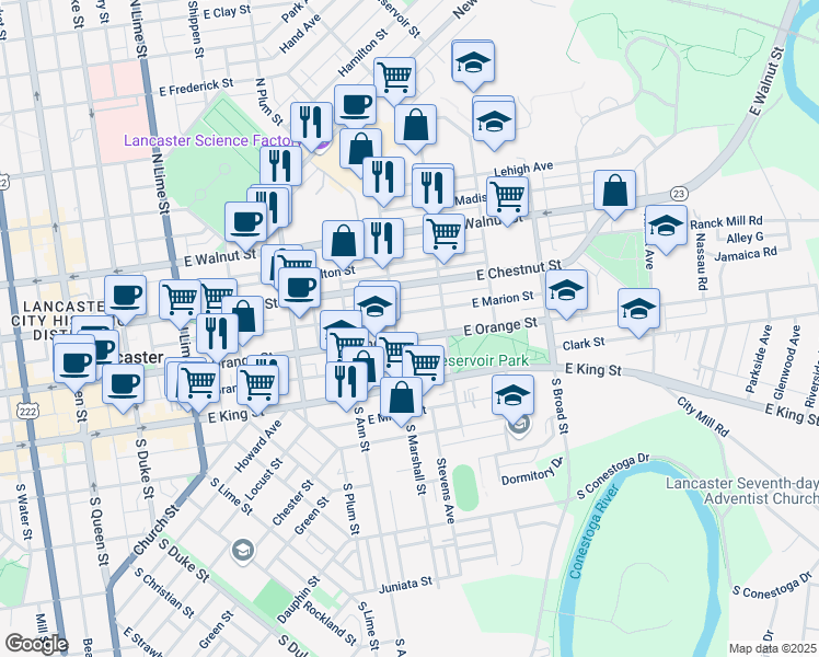 map of restaurants, bars, coffee shops, grocery stores, and more near 611 East Orange Street in Lancaster