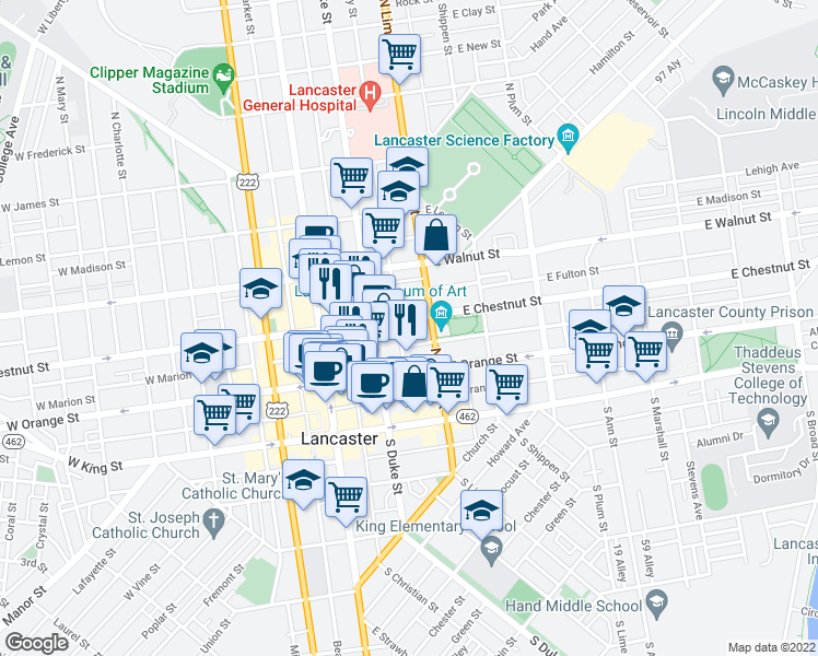 map of restaurants, bars, coffee shops, grocery stores, and more near 120 East Chestnut Street in Lancaster