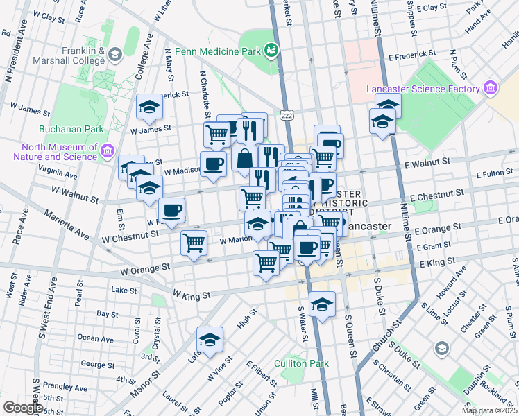 map of restaurants, bars, coffee shops, grocery stores, and more near 209 North Mulberry Street in Lancaster