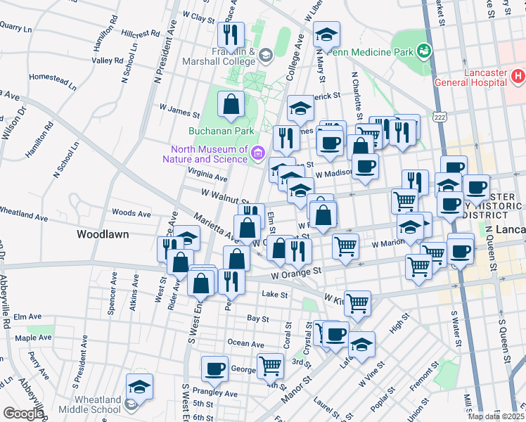 map of restaurants, bars, coffee shops, grocery stores, and more near 672 West Walnut Street in Lancaster