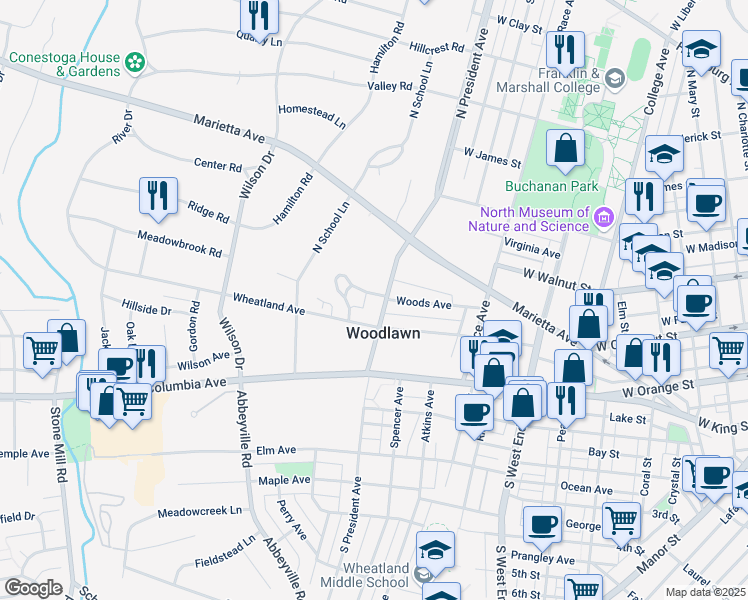 map of restaurants, bars, coffee shops, grocery stores, and more near 206 North President Avenue in Lancaster