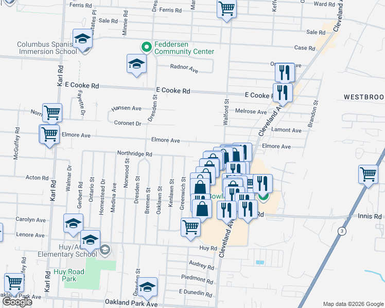 map of restaurants, bars, coffee shops, grocery stores, and more near 3588 Greenwich Street in Columbus