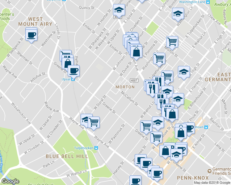 map of restaurants, bars, coffee shops, grocery stores, and more near 215 West Pomona Street in Philadelphia