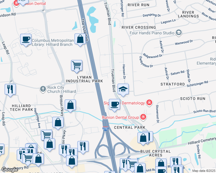map of restaurants, bars, coffee shops, grocery stores, and more near 4303 Trueman Boulevard in Hilliard