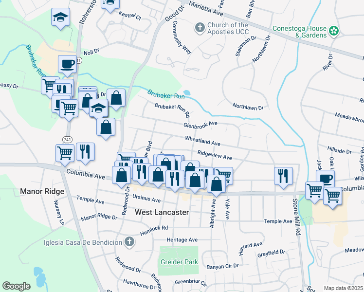 map of restaurants, bars, coffee shops, grocery stores, and more near 1815 Ridgeview Avenue in Lancaster