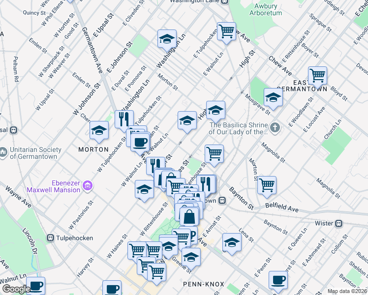 map of restaurants, bars, coffee shops, grocery stores, and more near 5925 Baynton Street in Philadelphia