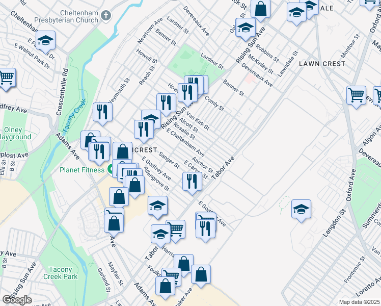 map of restaurants, bars, coffee shops, grocery stores, and more near 573 Anchor Street in Philadelphia