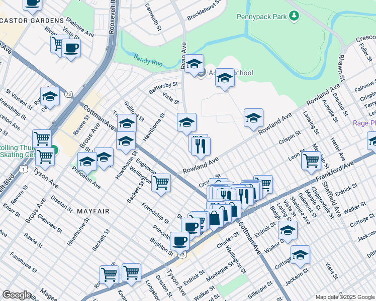 map of restaurants, bars, coffee shops, grocery stores, and more near 3235 Guilford Street in Philadelphia