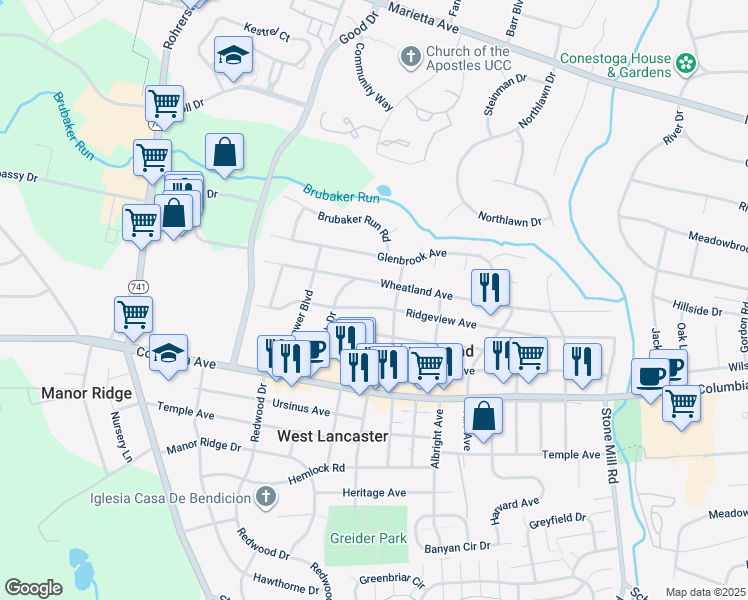 map of restaurants, bars, coffee shops, grocery stores, and more near 1815 Ridgeview Avenue in Lancaster