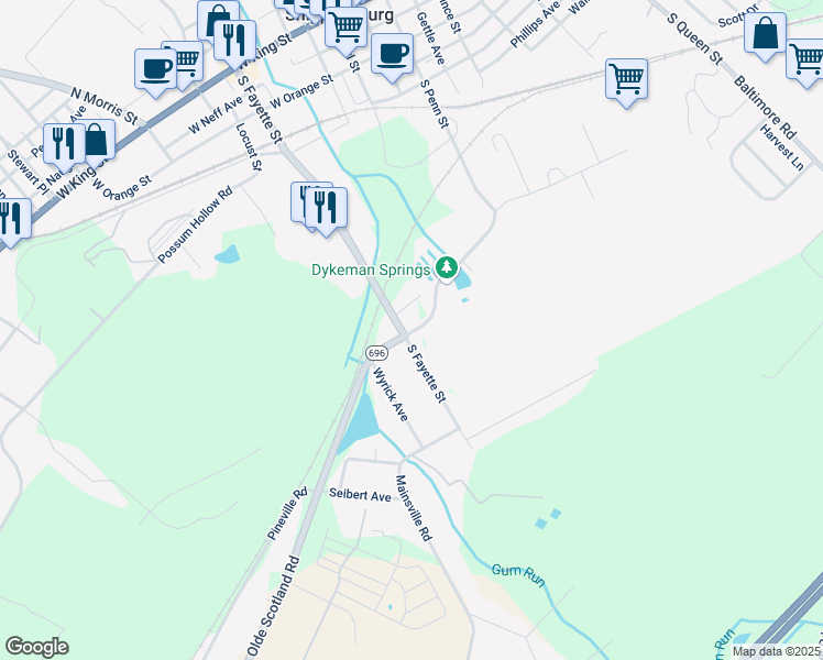 map of restaurants, bars, coffee shops, grocery stores, and more near 415 South Fayette Street in Shippensburg