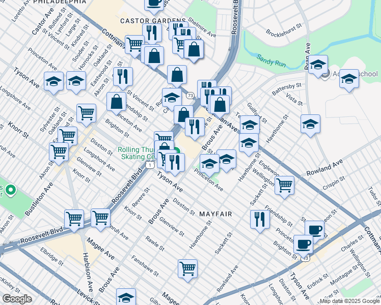 map of restaurants, bars, coffee shops, grocery stores, and more near 2842 Saint Vincent Street in Philadelphia