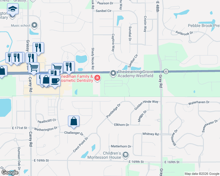 map of restaurants, bars, coffee shops, grocery stores, and more near 4005 Westfield Rd in Noblesville