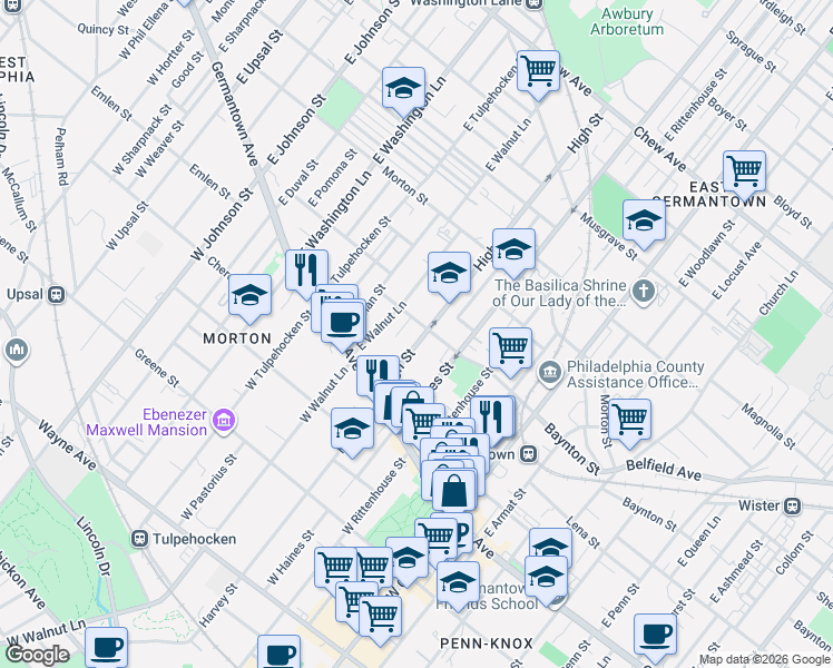 map of restaurants, bars, coffee shops, grocery stores, and more near 75 High Street in Philadelphia