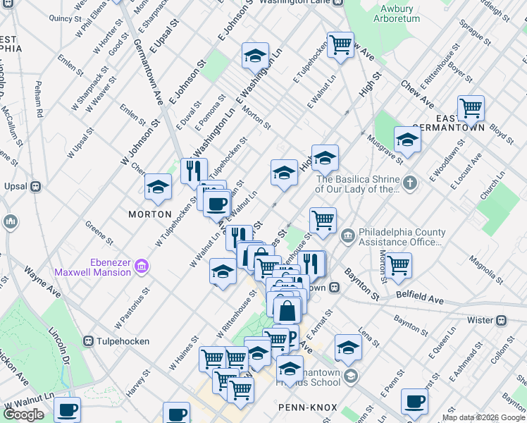 map of restaurants, bars, coffee shops, grocery stores, and more near 5925 Baynton Street in Philadelphia