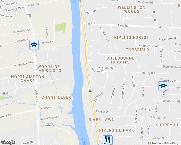 map of restaurants, bars, coffee shops, grocery stores, and more near 4312 Riverside Drive in Columbus