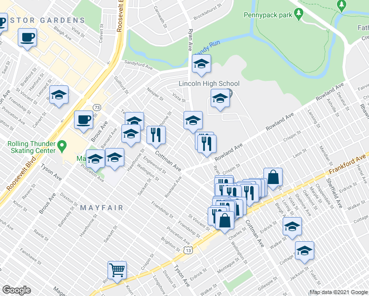 map of restaurants, bars, coffee shops, grocery stores, and more near 3216 Guilford Street in Philadelphia