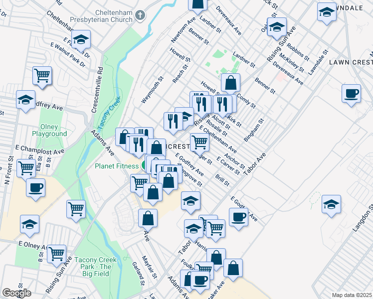map of restaurants, bars, coffee shops, grocery stores, and more near 496 East Sanger Street in Philadelphia