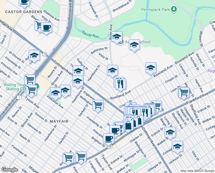 map of restaurants, bars, coffee shops, grocery stores, and more near 3216 Guilford Street in Philadelphia
