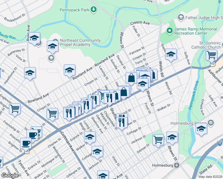 map of restaurants, bars, coffee shops, grocery stores, and more near 3532 Lansing Street in Philadelphia