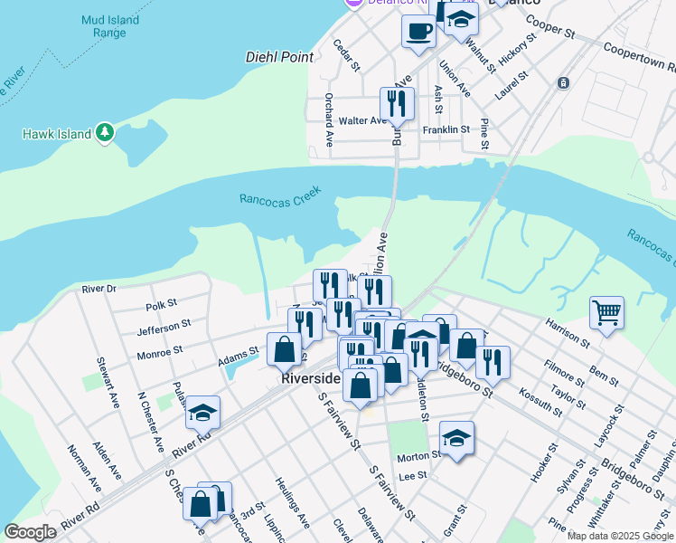 map of restaurants, bars, coffee shops, grocery stores, and more near 57 Polk Street in Riverside