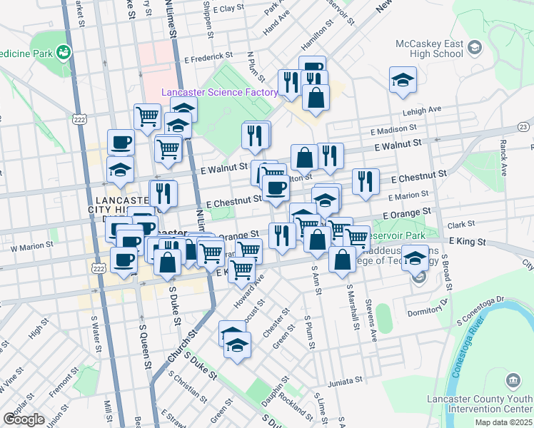 map of restaurants, bars, coffee shops, grocery stores, and more near 128 North Plum Street in Lancaster