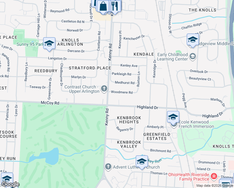 map of restaurants, bars, coffee shops, grocery stores, and more near 1095 Woodmere Road in Columbus
