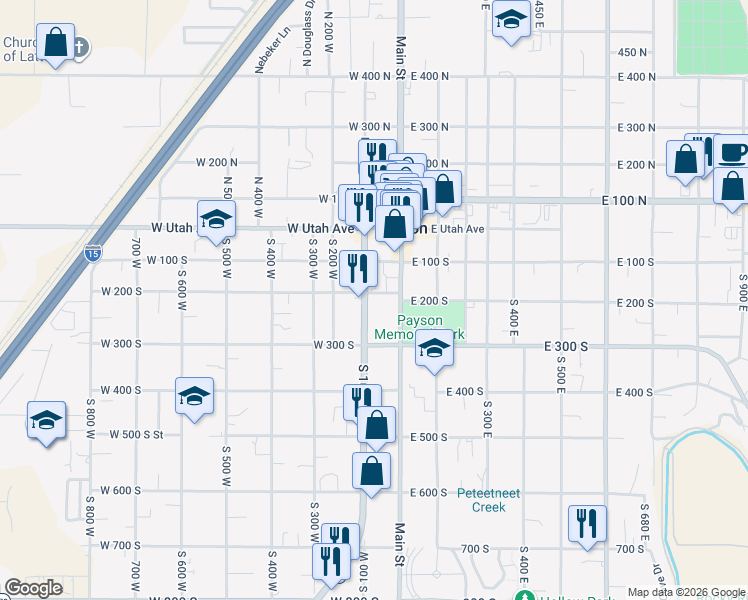 map of restaurants, bars, coffee shops, grocery stores, and more near 97 West 200 South in Payson