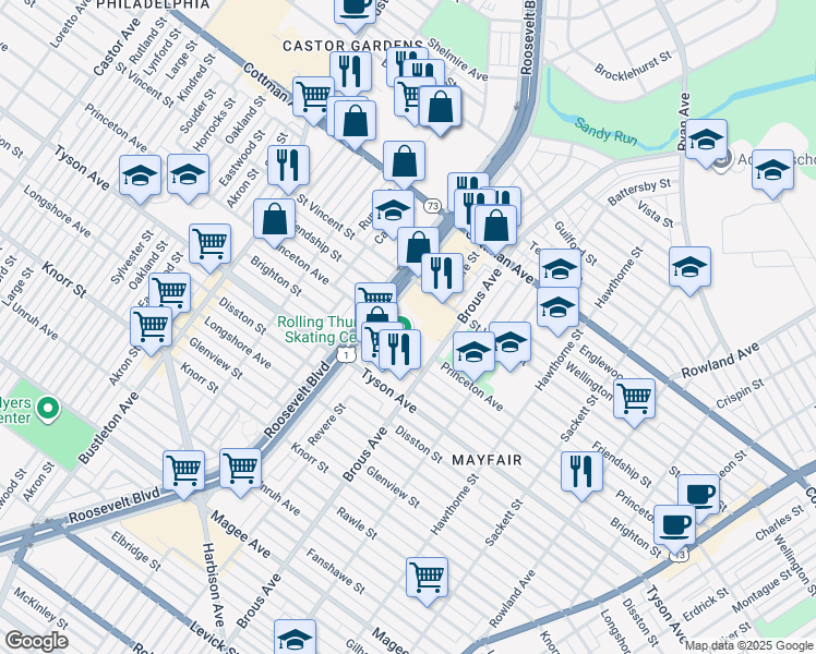 map of restaurants, bars, coffee shops, grocery stores, and more near 7101 Roosevelt Boulevard in Philadelphia