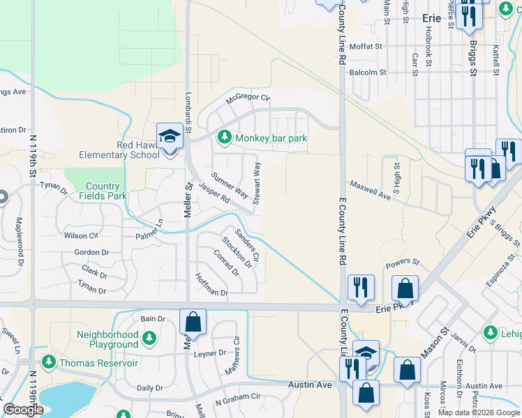 map of restaurants, bars, coffee shops, grocery stores, and more near 151 Stewart Way in Erie